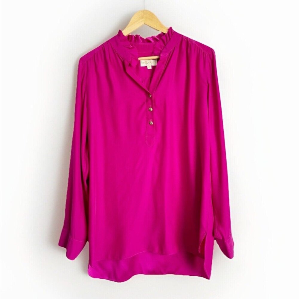 Britt Ryan Silk Pink Top Women’s Medium Ruffle Neck Semi Sheer Quiet Luxury